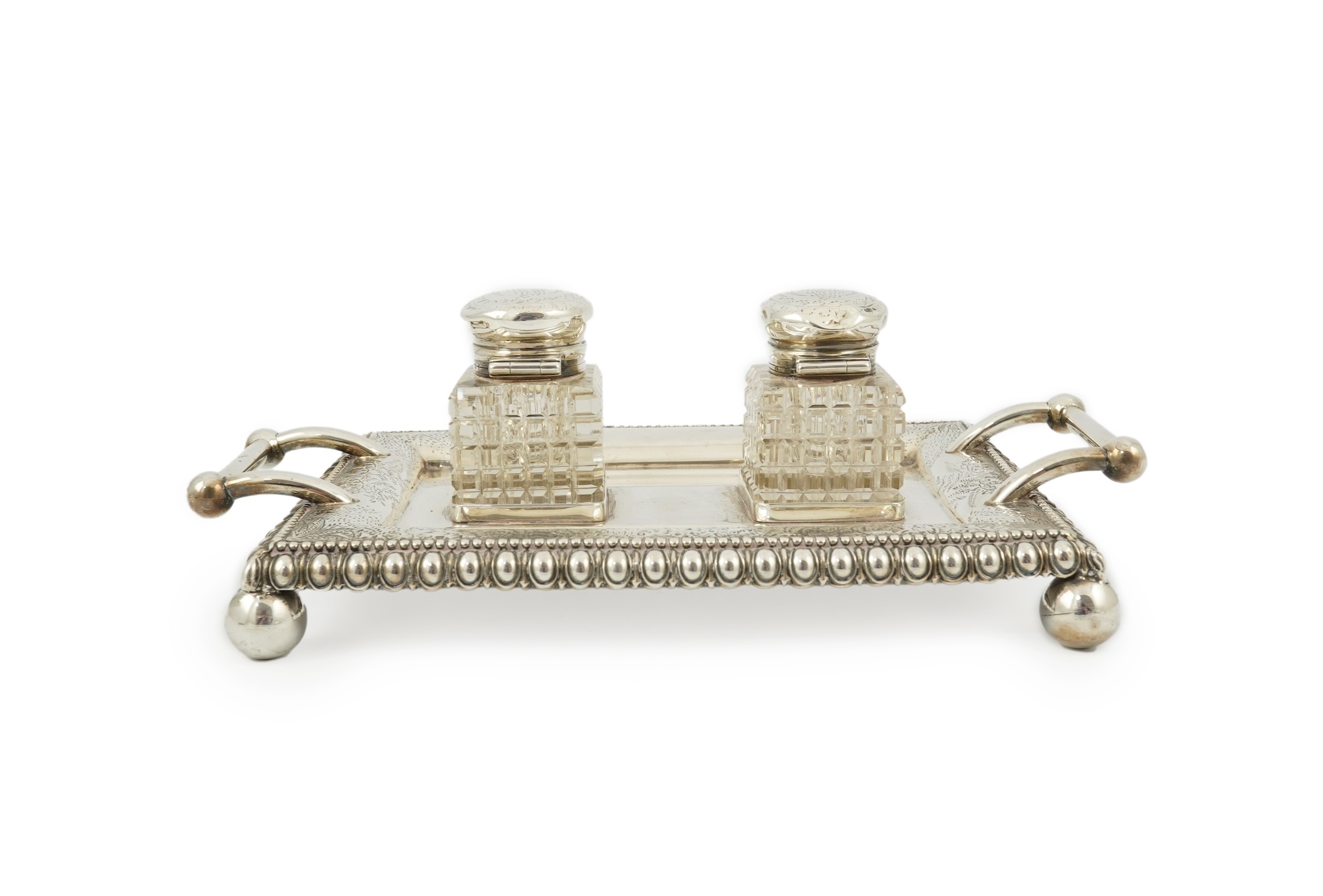 A late Victorian silver two handled rectangular inkstand by George Unite
